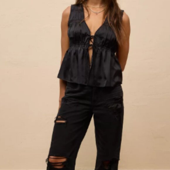 American Eagle Tie Up/Open Front Lace Top Classic - Size XL in All Black NWOT - Picture 1 of 10